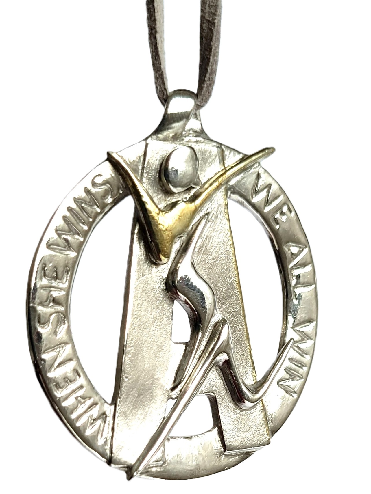the finished pendant on its ribbon, on a white background